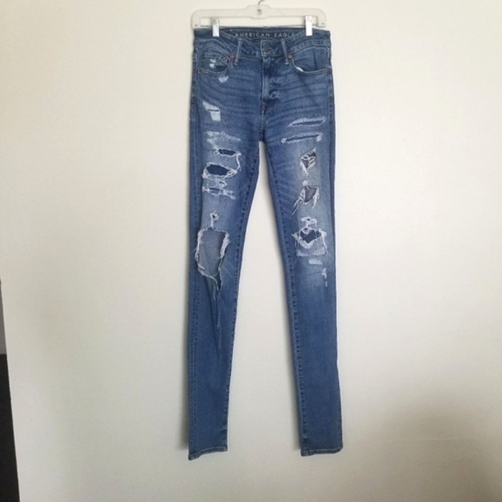 American Eagle Next Level Air Flex Distressed Patchwork Denim Blue Jean's 29x34